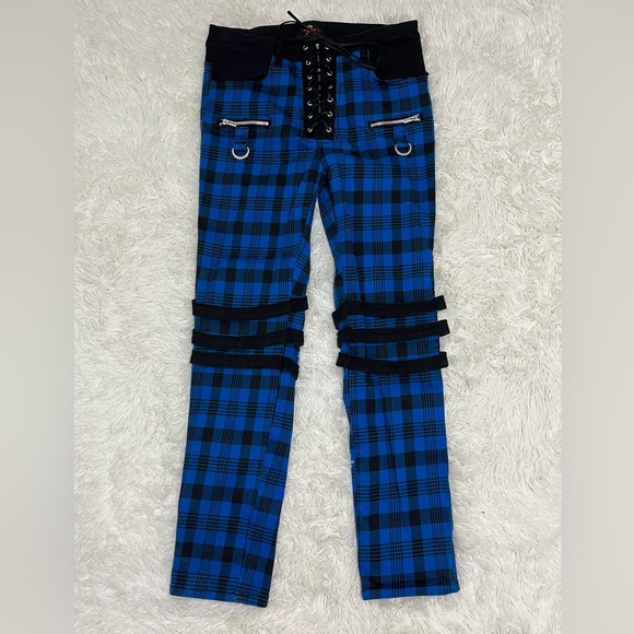 ROYAL BONES BY TRIPP NYC Blue Plaid Buckle Zipper Pants Skinny Bondage Straps 15 - Picture 4 of 8